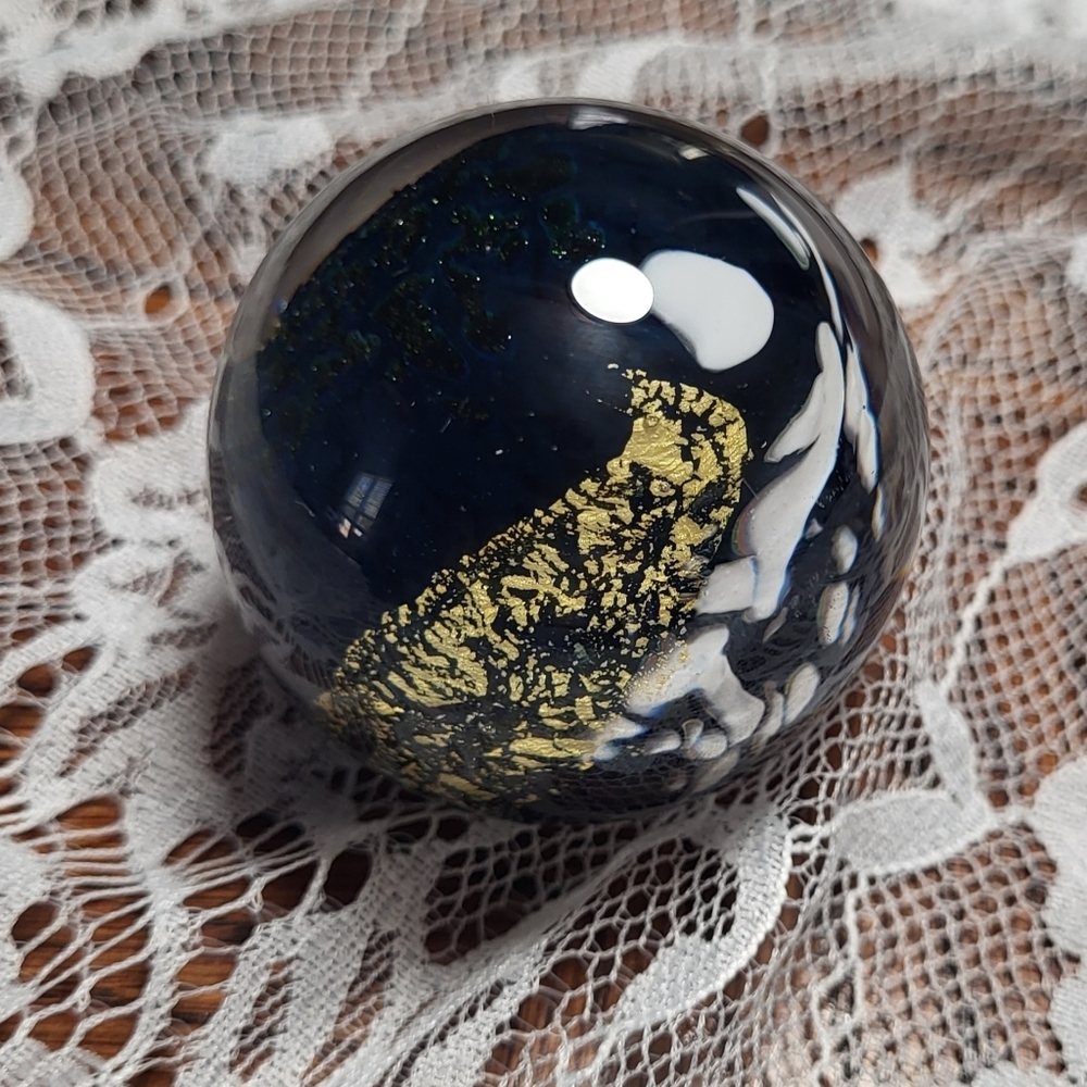 Vintage Gold/ Blue/Black Blown Glass Paper Weight